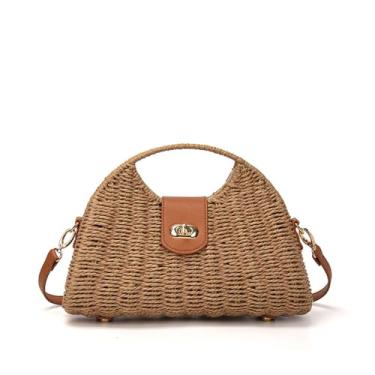 Imagem de Damajia Bolsa feminina de palha com alça superior tecida à mão emoldurada para praia de verão, Marrom, Medium