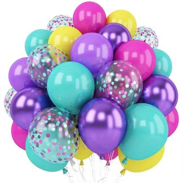 Imagem de Kit de balões de látex, 50 unidades, colorido, 25-30 cm, metálicos e confetes