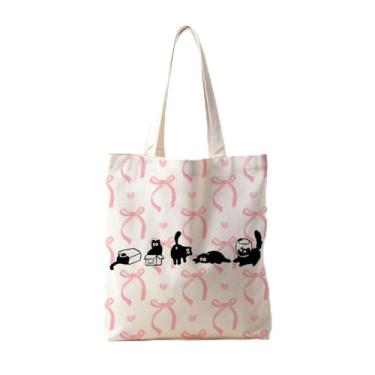 Imagem de TFKFJLF Bolsa feminina de lona fofa com laço rosa gato preto Coquette Kawaii, acessórios modernos, bolsa de compras de lona reutilizável dobrável
