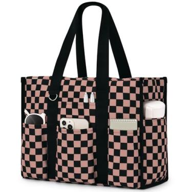 Imagem de Becokan Bolsa feminina grande, impermeável, com 12 bolsos, fecho de zíper, utilitária, professora, enfermeira, para trabalho, escola, Xadrez cáqui, Large