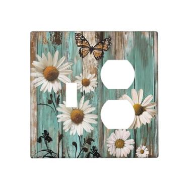 Imagem de JDAKHD Placa de parede decorativa floral com 2 gangos e interruptor duplex de margarida branca em fundo de madeira verde vintage 1 interruptor + 1 capa de tomada para bancadas de cozinha e escritório