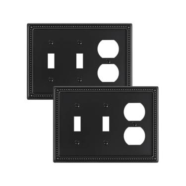 Imagem de TREEWELL Pacote com 2 placas de cobertura para interruptor de luz duplex/duplo, placas decorativas de pérolas pretas e tampas de tomada, placas de parede de metal para tomadas elétricas