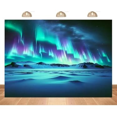 Imagem de PEKRU Tecido de 2,1 x 1,5 m, cenário de luzes do norte, céu estrelado, paisagem do Alasca, montanhas nevadas e lago, lindo cenário para festa de aniversário, decoração de parede de casa