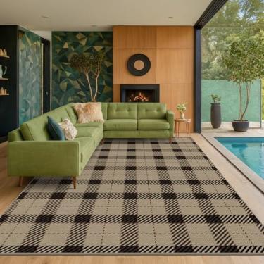 Imagem de Tapete de juta lavável fácil 20 x 25 para sala de estar, tapetes de área xadrez de búfalo laváveis para quarto, pátio ao ar livre, tapete antiderrapante neutro quadriculado preto e bege