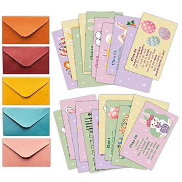 Imagem de HEZNZXQ Cartas de jogo de pistas de caça ao tesouro da Páscoa, jogo de cartas de caça ao tesouro de coelho (21 cartas com envelopes), suprimentos para jogos de festa ao ar livre, atividades para
