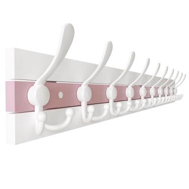 Imagem de SKOLOO Cabide de parede costeiro – Gancho de madeira para entrada de casa de praia de 96 cm com 10 ganchos para pendurar casacos, chapéus ou toalhas, coleção de cabanas à beira-mar, branco e rosa Palm