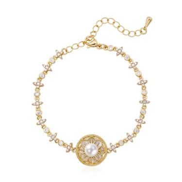 Imagem de IDOKAWA Pulseira feminina de pérolas de água doce banhada a ouro com pingente de estrela delicada com zircão, corrente de pérolas naturais de 6 a 7 mm, joia elegante para presente para ela