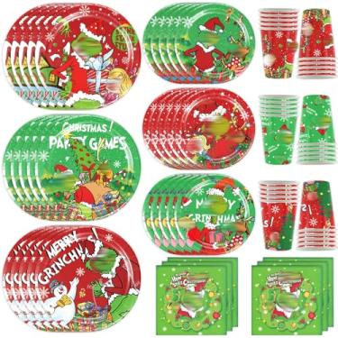 Imagem de Conjunto de talheres de Natal alegres pratos decorativos de Natal, guardanapos e copos de papel, perfeitos para artigos de festa de Natal e decorações adequados para presentes de Natal de 30 pessoas