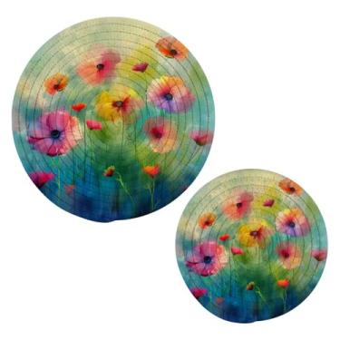 Imagem de Blueangle 2 peças de suporte de panela para pintura de flores coloridas - conjunto de pegadores de panela de tecido redondo - almofadas quentes trançadas de algodão - porta-copos - tapetes de mesa