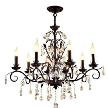 Imagem de Luminária pendente francesa retrô e vintage europeia com cristais pretos - Iluminação sofisticada e aconchegante para sala de estar e quarto (10 lâmpadas)