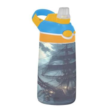 Imagem de Blueangle Garrafa de água de navio pirata de 473 ml, garrafa de viagem e esportes Tritan reutilizável com canudo e design de tampa de bico pop-up (458)