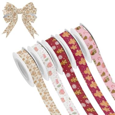 Imagem de SEHANY 5 rolos de fita de Natal 0,59 polegadas 5 jardas fitas de tecido de gengibre de Natal fitas de cetim festivas fitas decorativas de Natal para embrulho de presente faça você mesmo artesanato