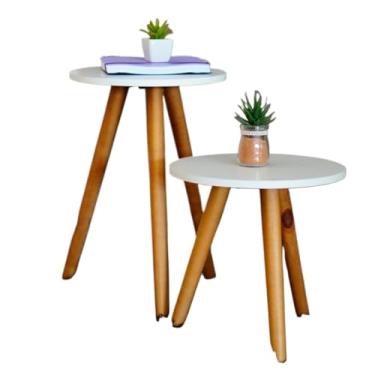 Imagem de Conjunto De Mesinhas Canto E Apoio Pe Palito Madeira Tripe Porta Quadros E Objetos Branco Ou Preto(Branco)