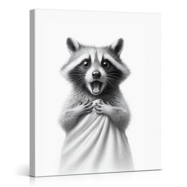 Imagem de Guaxinim engraçado em toalha impressão de arte de parede de banheiro preto e branco animal pôster imagem moderna decoração de parede para banheiro banheiro tela emoldurada 20x25