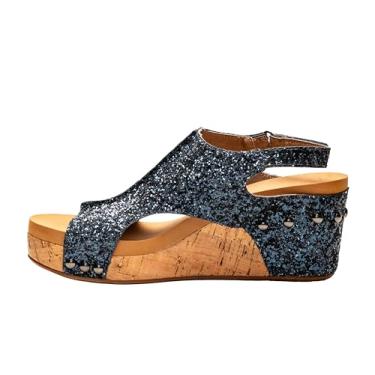 Imagem de Sandália feminina casual Metálico da Corkys com salto médio de 5 a 7,6 cm - Preta, Glitter azul-marinho, 9