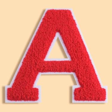 Imagem de QianSiLi Adesivos de letras universitárias de chenille vermelho de 11 cm, letras grandes de ferro para jaquetas Letterman, moletons com capuz, mochilas, coletes, roupas, adesivos individuais da letra