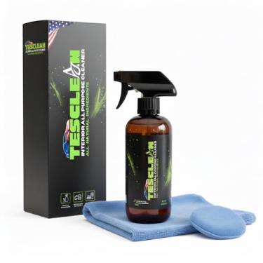 Imagem de Tesclean Limpador de carro multiuso, removedor de manchas interiores – Feito nos EUA, seguro em couro vegano branco e preto, limpeza interna para assentos, console e painel, inclui pano de microfibra