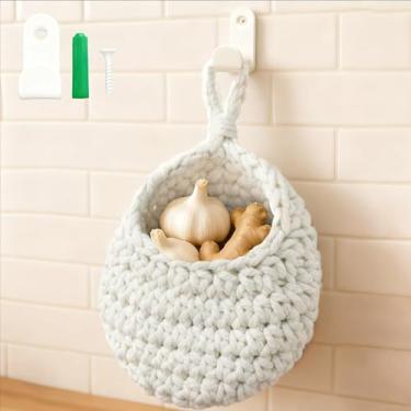Imagem de 4 peças de cesta de frutas pendurada para cozinha com conjunto de ganchos – 14 cm × 21 cm × 0,20 cm decoração boho de pendurar na parede cestas de batata vegetais para armazenamento doméstico de