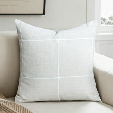 Imagem de QoBexim Conjunto de 1 capas de almofada bordadas, 50 x 50 cm, capa de almofada decorativa de linho sintético neutro com grade texturizada para sofá, sala de estar, decoração de casa, bege