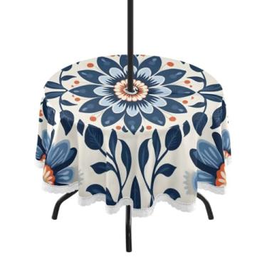 Imagem de CEBUGI Toalha de mesa redonda para uso ao ar livre, estampa floral, impermeável, com furo Umberlla, capa de mesa lavável para pátio, cozinha, sala de jantar, 152 cm