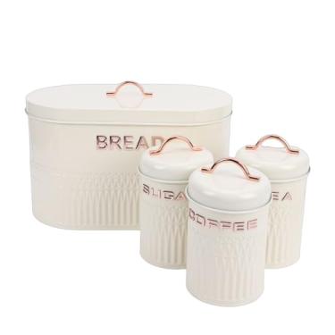 Imagem de TOPINCN Conjunto de Caixa e Vasilha para Pão, Organizador de Bancada de Cozinha de Ferro, 3 Vasilhas de Metal Etiquetadas e Grande Caixa de Pão para Armazenamento de Açúcar, chá e café (Creme)