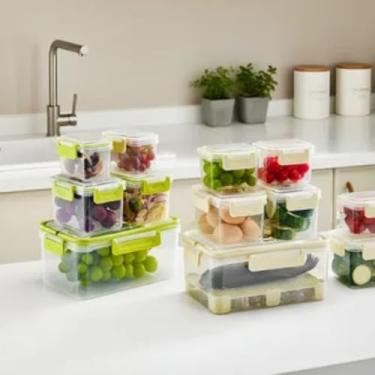 Imagem de Conjunto 5 Potes Herméticos com Cesto Interno – Vedação, Escorredor e Design Empilhável para Frutas, Legumes e Alimentos (Liso Transparente)