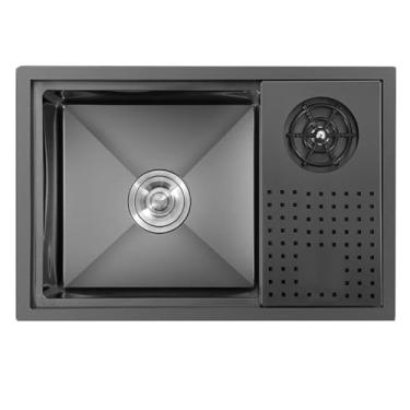 Imagem de Apartamento de cozinha pia de bar escondido pia de cozinha tigela única com tampa e lavadora de copos aço inoxidável lavagem vegetal piscina água piscina economizar espaço pias (cor: aço preto