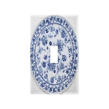 Imagem de Wassud Placa de cobertura de interruptor de luz azul e branca de porcelana floral decorativa capas de tomada placa de parede para tomadas elétricas interruptor único 11 x 7 cm