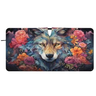Imagem de CEBUGI Para-brisa de carro dobrável, para-sol, lobo, cercado por flores, cortinas de janela de carro, guarda-chuva, para-brisa frontal, para-sol para acessórios de carro, bloqueador solar reflexivo