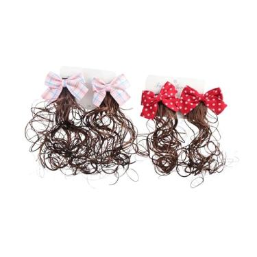 Imagem de 2 pares de extensões de cabelo para crianças, lindos laços encaracolados, presilhas de cabelo com laço e laço trançado, suporte de rabo de cavalo, acessório de cabelo para fantasia de princesa