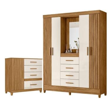 Imagem de Guarda Roupa Solteiro Com Espelho Atenas E Cômoda Vênus Com Pés Freijó Off White - Moval