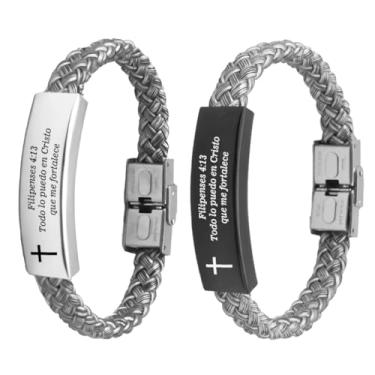 Imagem de Presentes personalizados das Escrituras Espanholas para Homens e Mulheres, Pulseira de Couro Trançado Verso da Bíblia Espanhola Gravada Pulseiras Inspiradoras Identidade Pulseira Cruz Cristã Natal