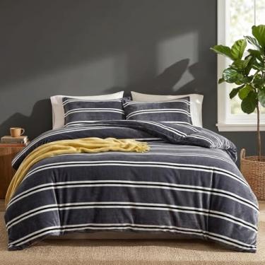 Imagem de Bedbay Conjunto de edredom queen listrado cinza, luxuoso, de veludo, macio, quente, fofo, 3 peças, cinza e branco, conjunto de cama queen para todas as estações
