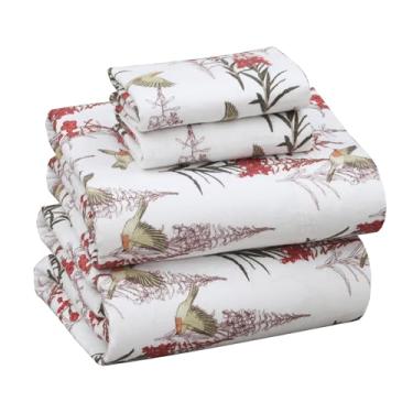 Imagem de Ruvanti 100% algodão 4 peças de lençóis de flanela completos, bolso profundo, quente, super macio, respirável, conjuntos de lençóis de tamanho completo com absorção de umidade, lençóis incluem lençol plano, lençol com elástico, 2 fronhas - carimbo de jasmim