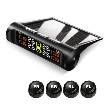 Imagem de Sistema de monitoramento de pressão de pneu TPMS, sistema de alarme de carro sem fio universal de energia solar com 4 sensores externos, visor LCD em tempo real, 4 alertas de pressão e temperatura dos