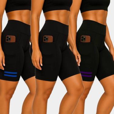 Imagem de Kit 3 Bermudas Ciclista Suplex Bolso Não Fica Transparente Cós Alto-Feminino