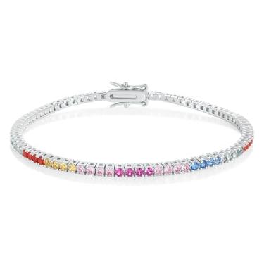 Imagem de Gemsme Pulseira feminina de tênis arco-íris de 2,0 mm - Pulseira de zircônia cúbica redonda colorida banhada a ouro branco 18K para presentes de joias, 7.5 inch, Zircônia cúbica