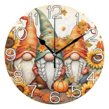 Imagem de Relógio de parede analógico decorativo relógio de cozinha bonito redondo sem tique-taque silencioso, decoração moderna de meados do século arte gnomos fofos outono abóbora, 25 cm, ponteiros pretos