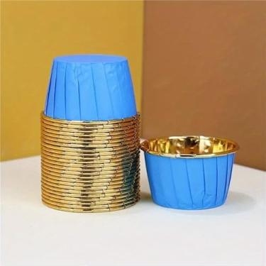 Imagem de Pacote grande com 50 peças, forro de queque, envoltórios de bolo, bandeja de panificação, copos de papel, utensílios de pastelaria, suprimentos de festa (azul, 50 peças)