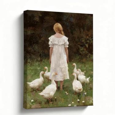 Imagem de Arte de parede em tela de pintura a óleo, menina em pé com gansos na paisagem do prado, decoração de parede de cena country pacífica para sala de estar, quarto, decoração de casa, 20 x 25 cm