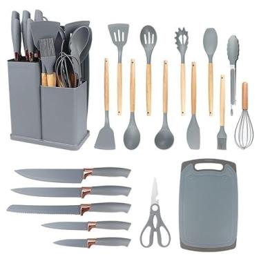 Imagem de Kit Completo Jogo de Cozinha Luxo 19 Peças Com Tábua em Silicone Espátula Faca Tesoura Utensílios (Cinza)