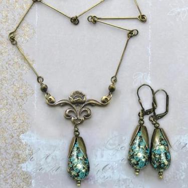 Imagem de Conjunto de brincos de colar de metal com pingente de cristal turquesa vintage 3 peças - adequado para festas, encontros e roupas do dia a dia