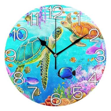 Imagem de GAIGEO Relógio de parede analógico decorativo operado por bateria silencioso, relógio de cozinha, decoração de sala de estar, arte moderna, tartaruga vibrante floral colorido, 25 cm, ponteiros pretos