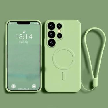 Imagem de Capa de silicone líquido com pulseira para Samsung Galaxy S25 Edge S24 Ultra S23 FE S22 S21, capa magnética para carregamento sem fio, verde claro, para S25