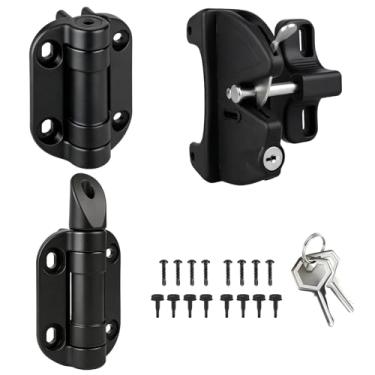 Imagem de Egadis Dobradiças de portão de fechamento automático premium com trava de chave, kit de ferragens de portão externo resistente para deck, pátio, varanda, portões de quintal