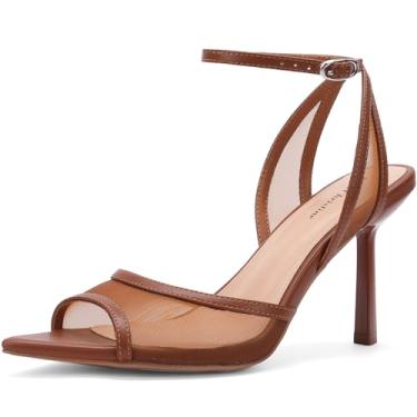 Imagem de ReneChristine Sandálias femininas de malha peep toe com fivela e salto de 8 cm e sola de borracha confortável para o verão para festas e ocasiões casuais, Marrom, 38