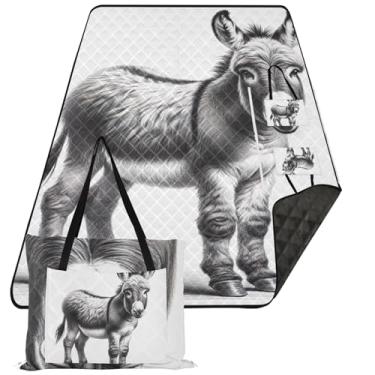 Imagem de TSENQUE Tapete de praia bonito burro preto branco sem areia à prova d'água suprimentos de piquenique tapete dobrável cobertor floral de acampamento para grama 299,7 cm x 203,2 cm