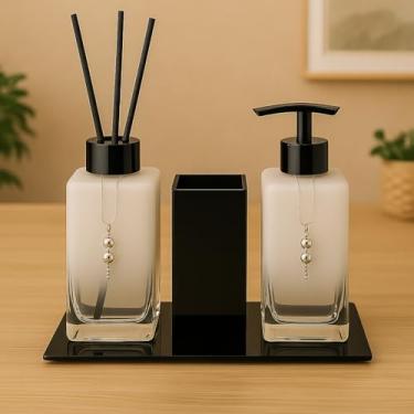 Imagem de Kit Lavabo Luxo Sabonete Líquido C/Porta Escovas e Aromatizante De Ambiente C/Bandeja(Branco Degrade C/Valvul Preta)