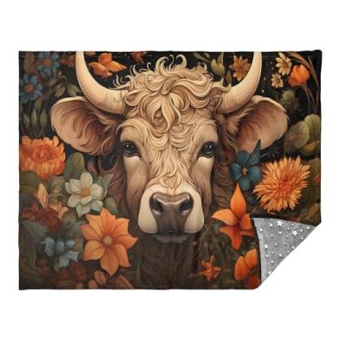 Imagem de CEBUGI Cobertor de flanela quente macio 127 x 178 cm para sofá, cama, escritório, acampamento, viagem, desenho animado, vaca highland com girassol, uso em todas as estações