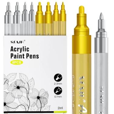 Imagem de SFAIH Marcadores de tinta acrílica dourada e prata – Pacote com 8 canetas de tinta de ponta média de 2-3 mm e canetas de tinta extra fina de 0,7 mm para pintura rupestre, madeira, metal, tecido